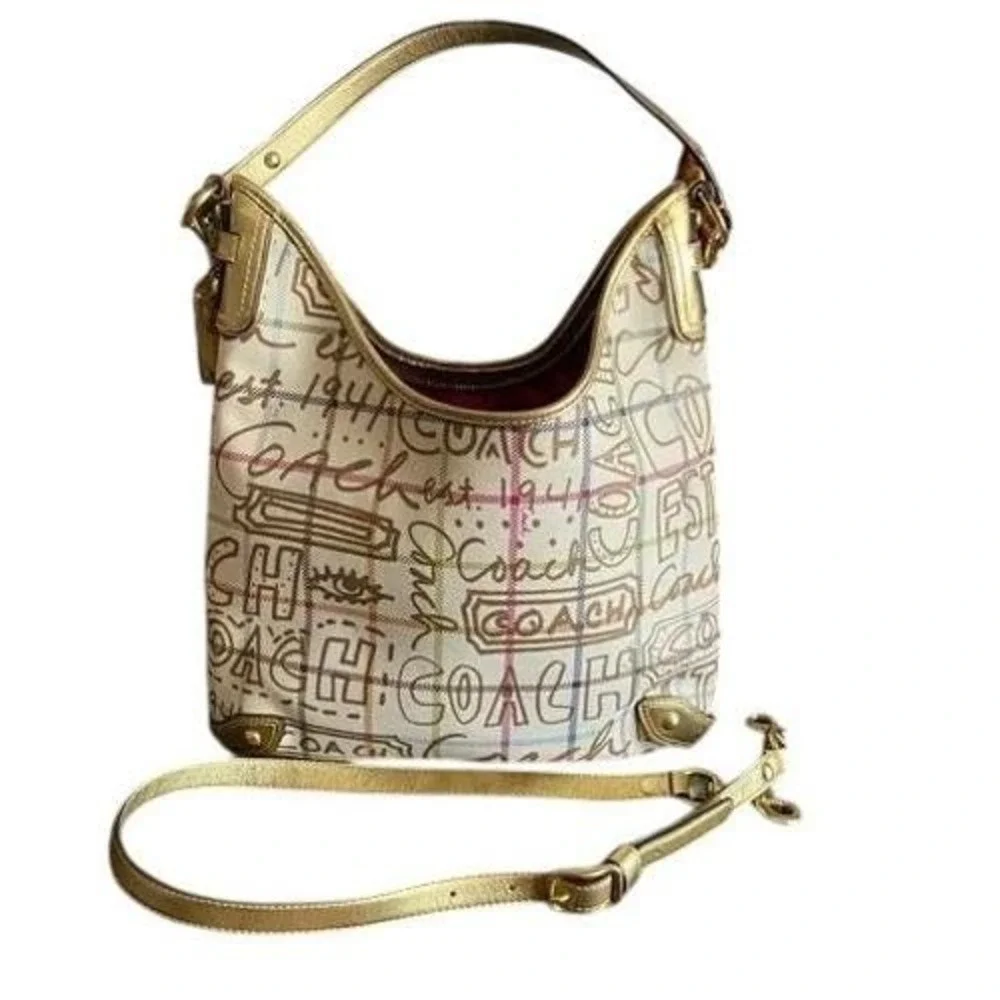 Coach Est 1941 Hobo Shoulder‎ Bag Beige Plaid Script Logo
